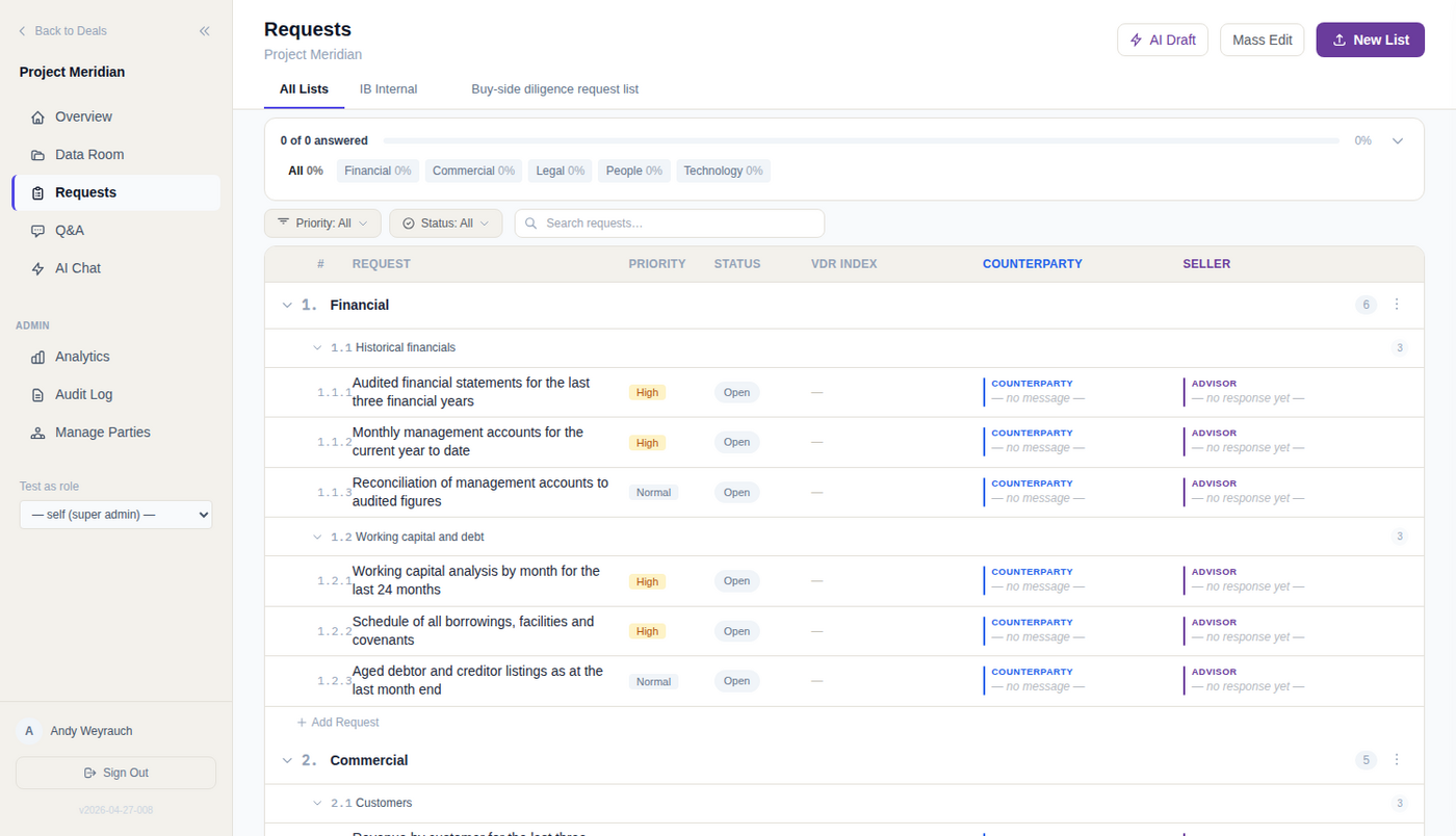 The request list after import: numbered categories and topics, priority and status, counterparty and advisor response columns.